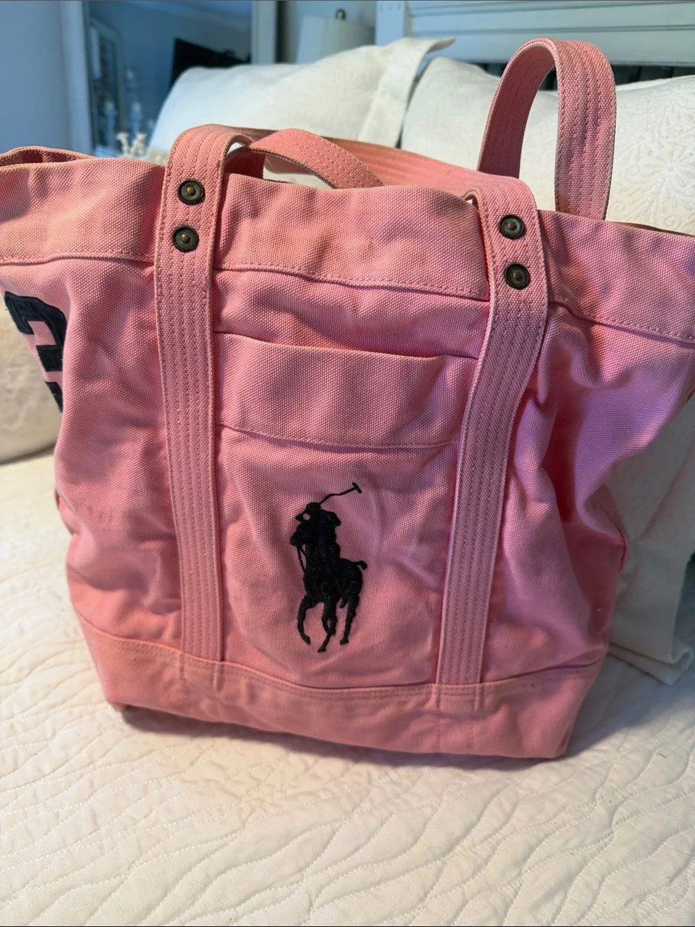 Ralph Lauren Pink Canvas Duffel Tote with Black Polo Emblem